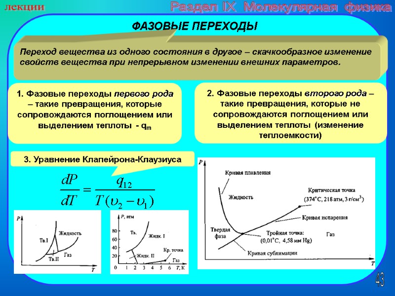 43 лекции Раздел IX  Молекулярная физика ФАЗОВЫЕ ПЕРЕХОДЫ Переход вещества из одного состояния